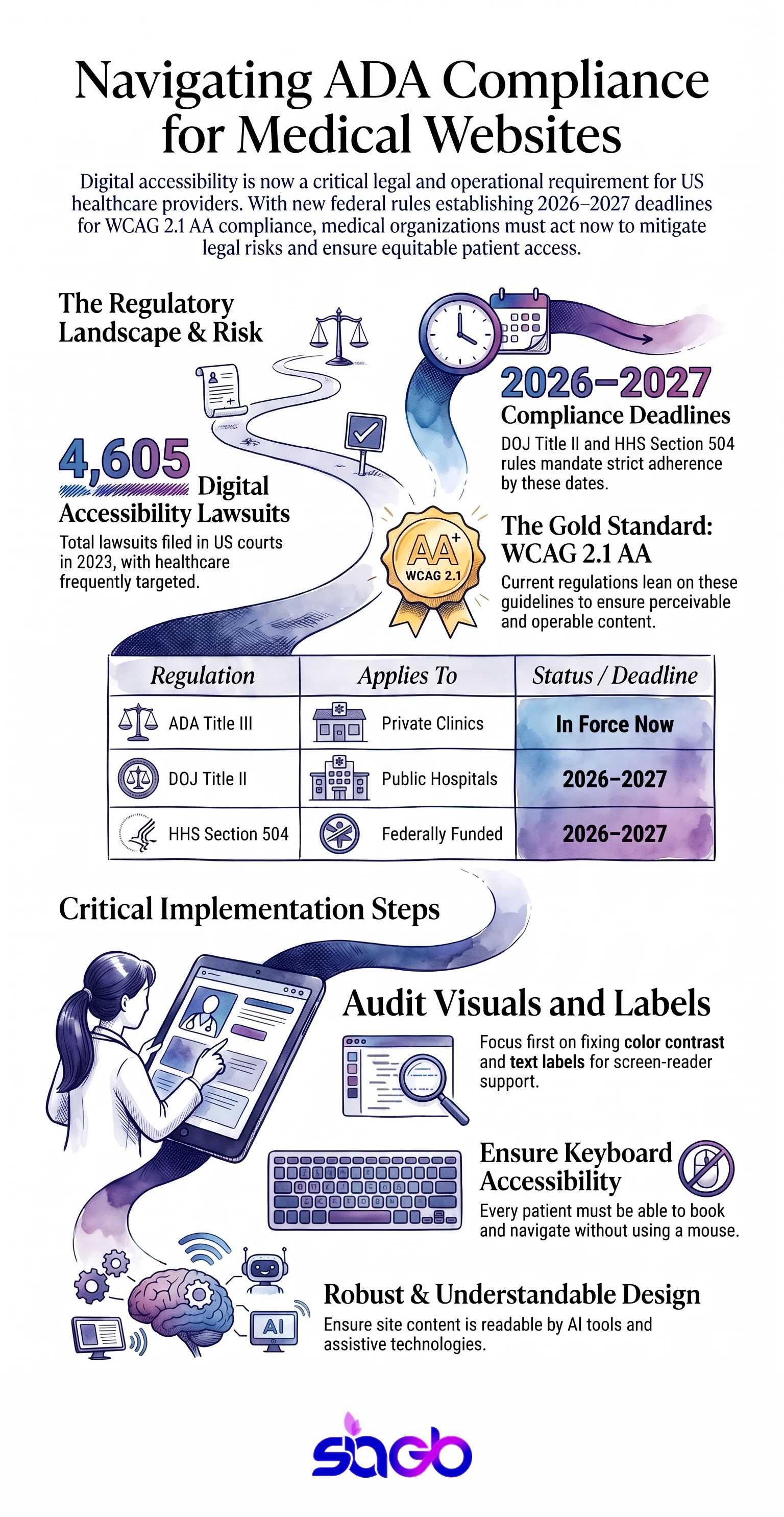 Infographic outlining ADA and WCAG requirements for medical websites, common failures, lawsuit risk, and a remediation checklist for clinics