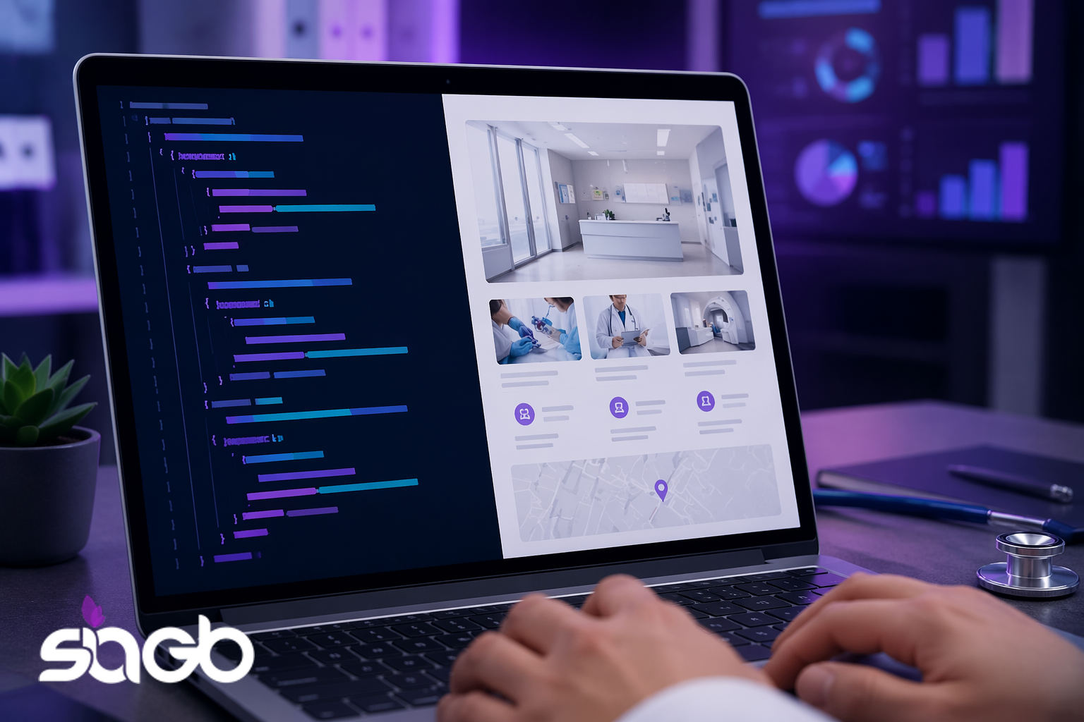 Healthcare clinic website shown on a laptop beside coloured code, with an SIAGB logo