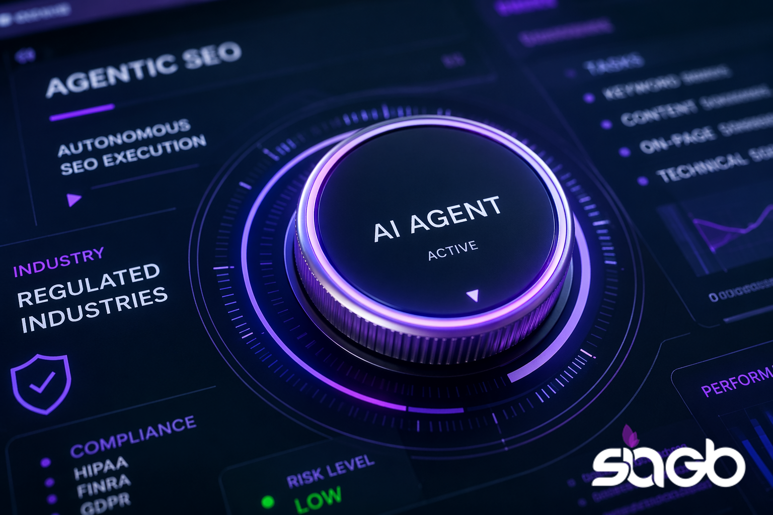 Glowing Agentic SEO control dial set to AI Agent active, surrounded by panels for regulated industries, compliance, and low risk level