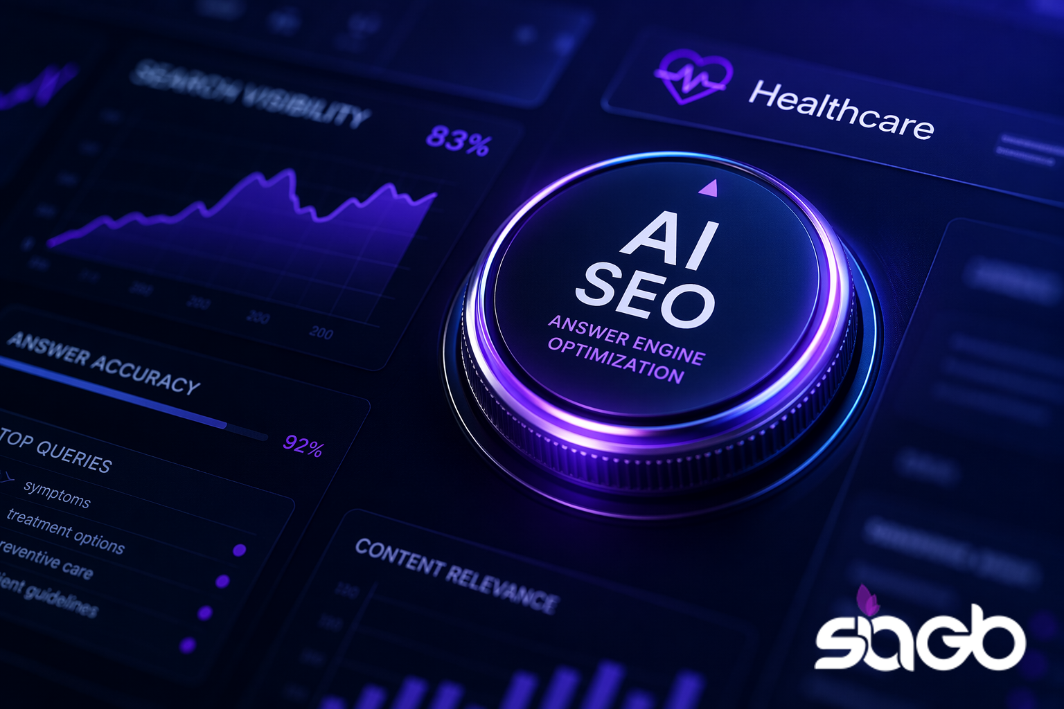 Glowing AI SEO control dial on a healthcare analytics dashboard tracking search visibility, answer accuracy, and content relevance