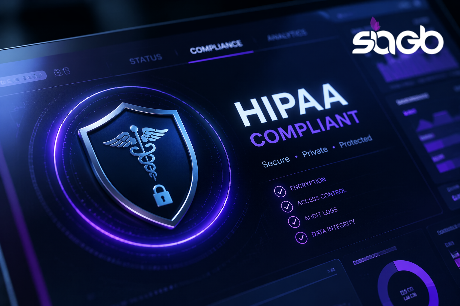 Dashboard showing a HIPAA compliant shield badge with encryption, access control, and audit log checks for a secure medical website