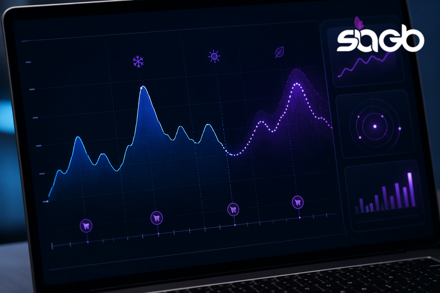 Laptop screen showing a blue and purple retail demand forecasting chart with seasonal markers for winter and autumn sales peaks