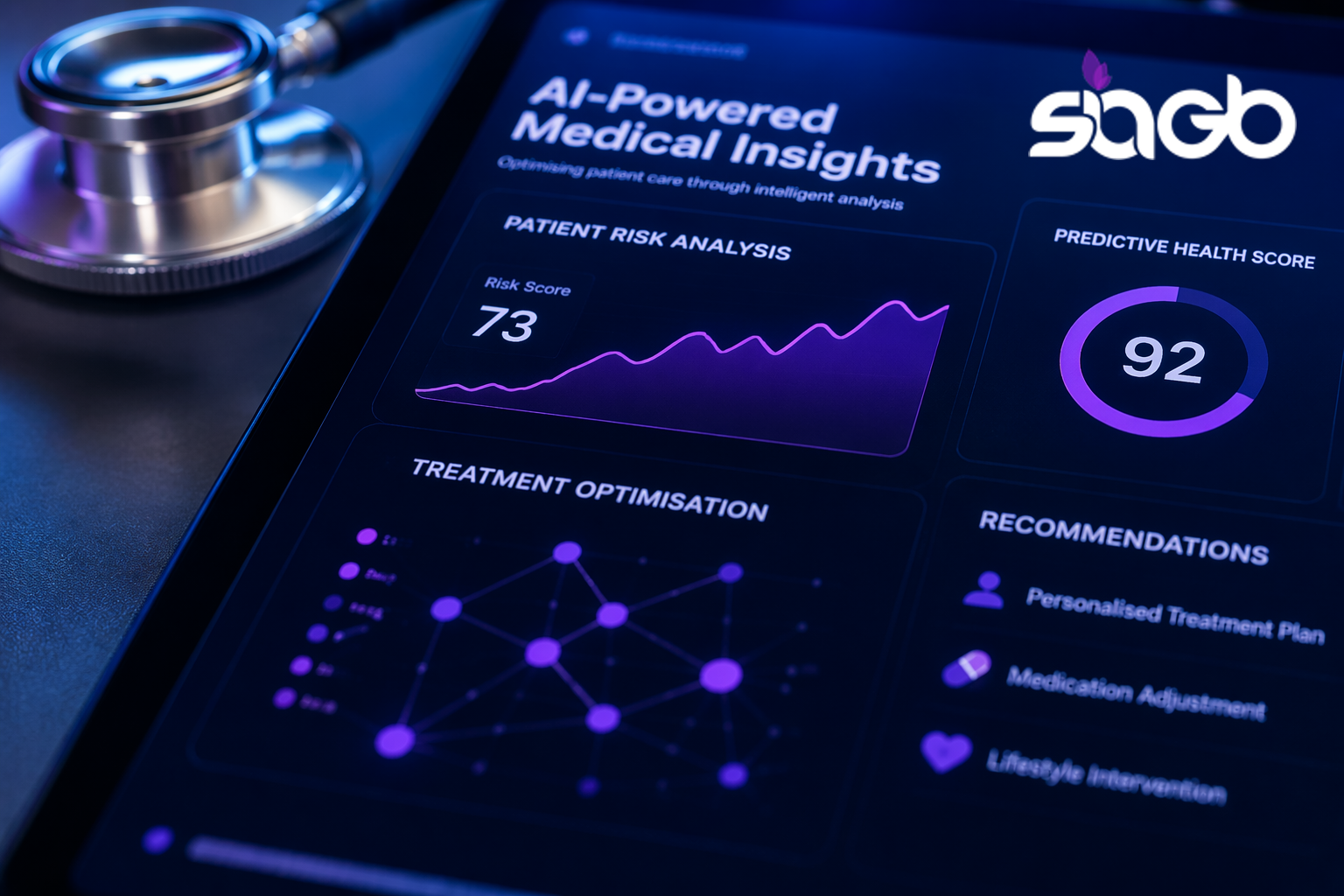 Smartphone displaying an AI-powered medical insights dashboard with a patient risk score, predictive health score, and treatment recommendations beside a stethoscope