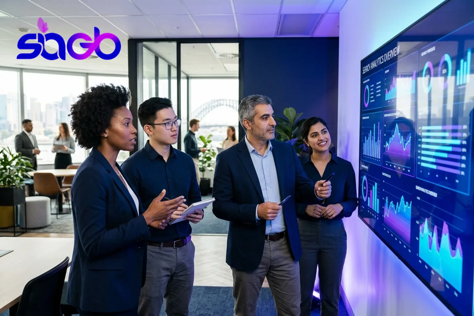 A marketing team reviewing search analytics on a wall display.