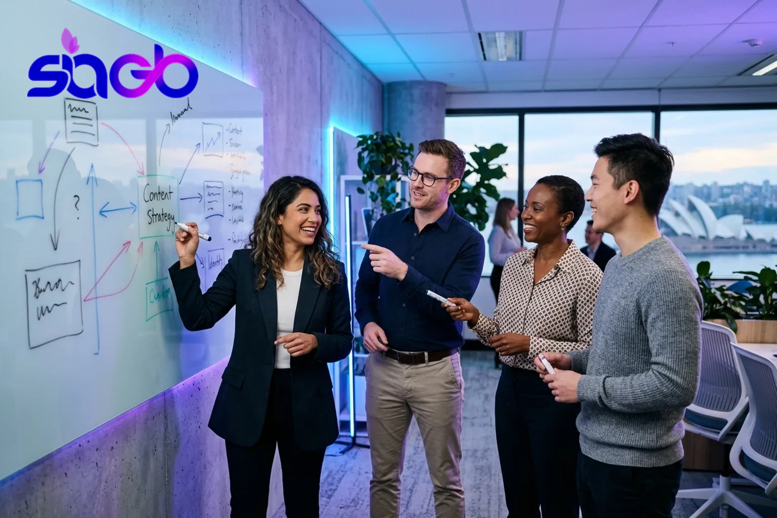 A marketing team mapping a content strategy on a glass whiteboard.