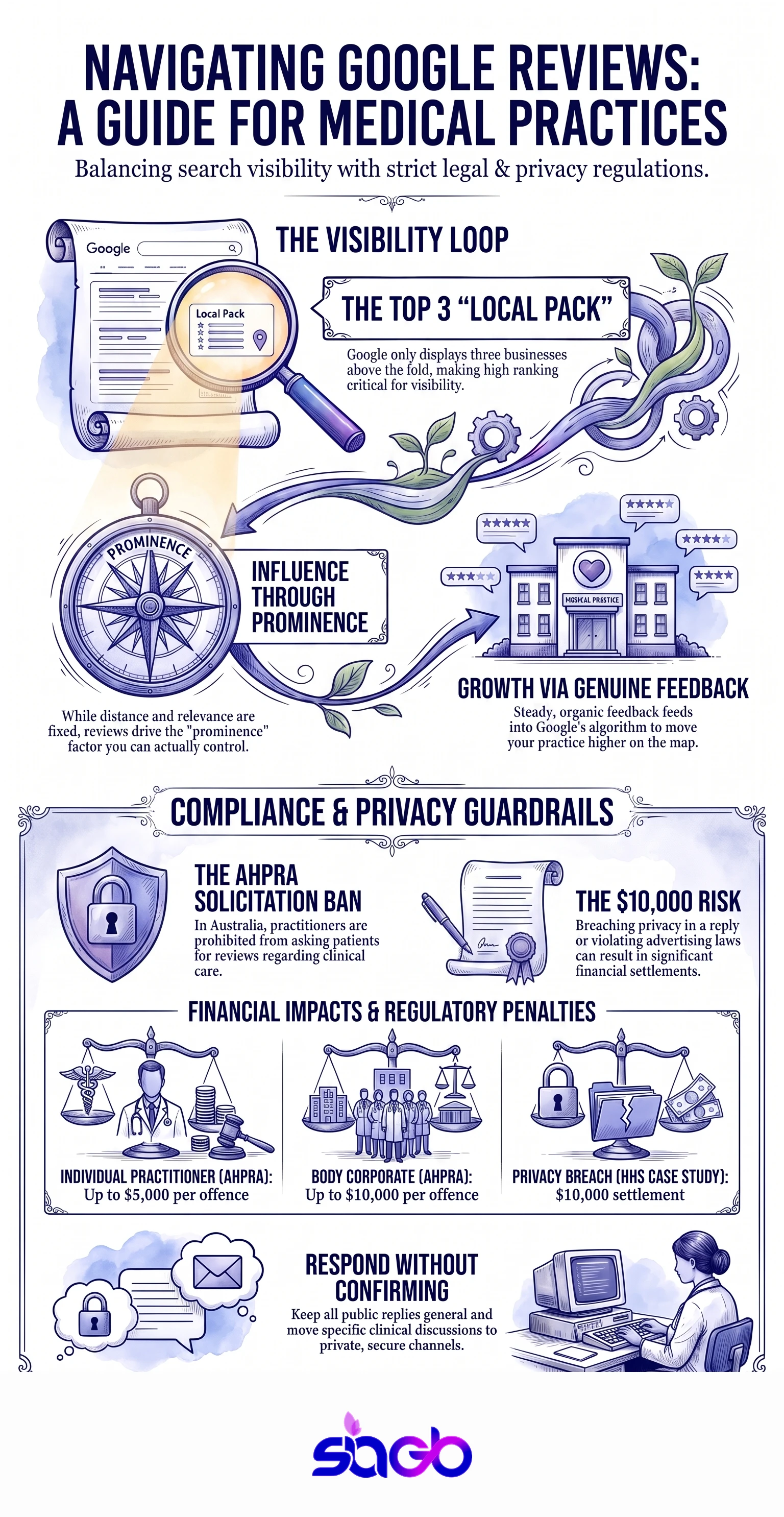 Infographic explaining Google review rules for medical practices, including the Ahpra testimonial ban, privacy-safe responses, and local search prominence