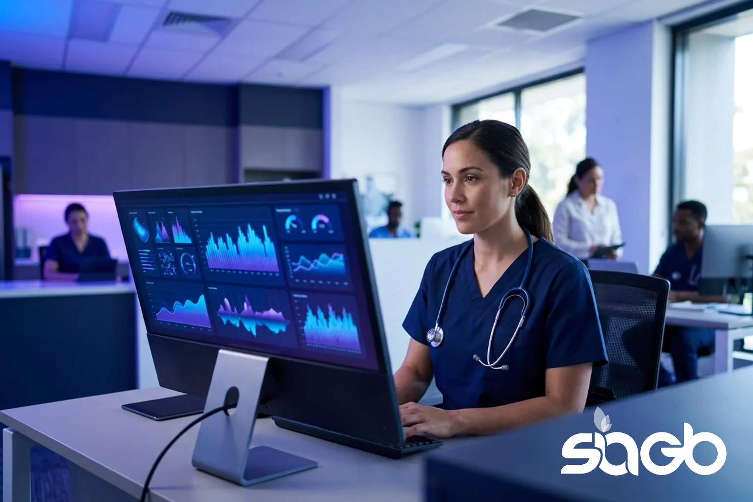 A clinician reviewing a chatbot conversation dashboard on a monitor.