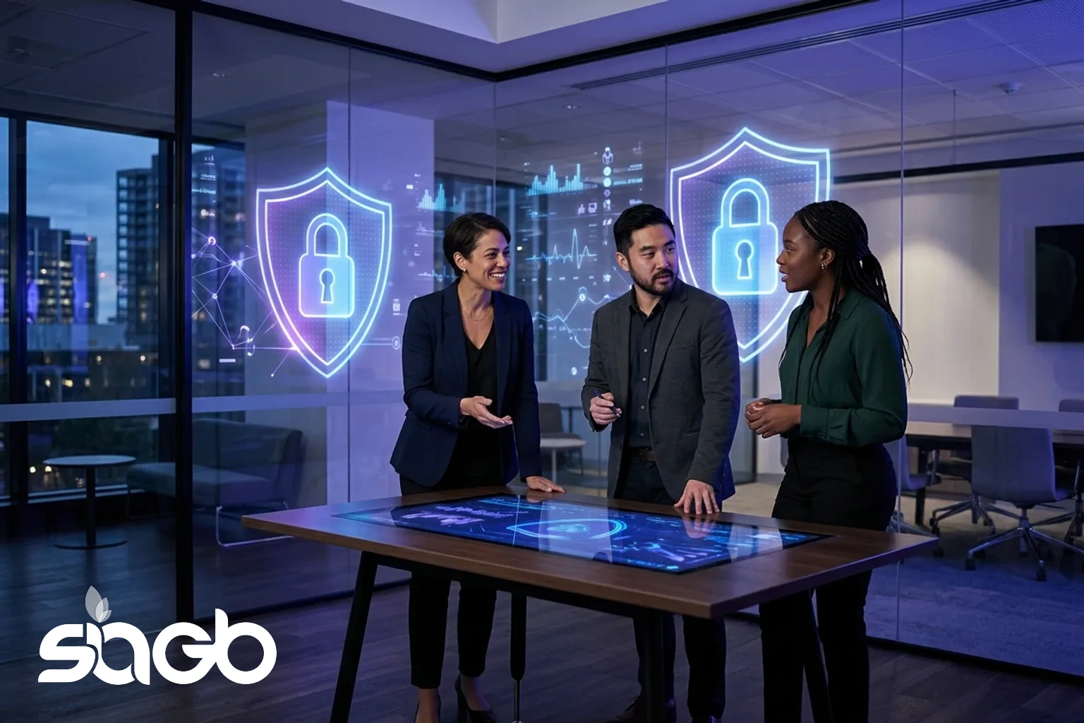 A glowing shield and padlock over a stylised medical data dashboard.