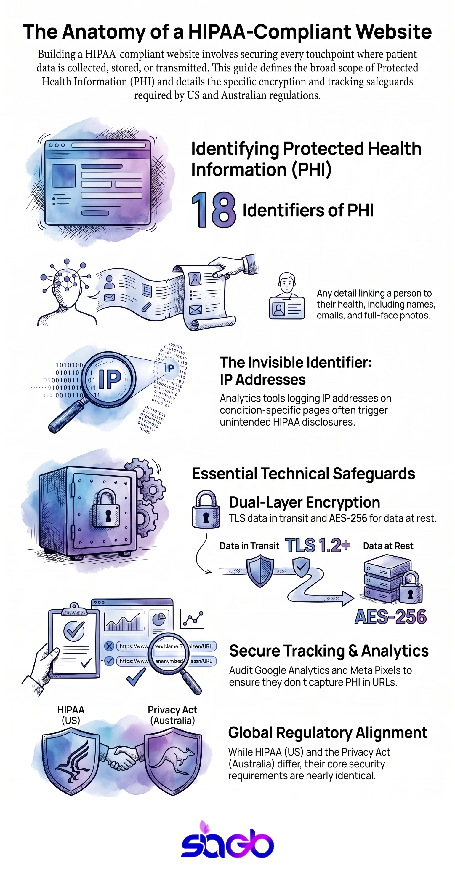 Infographic listing the parts of a HIPAA-compliant website: encryption, access controls, business associate agreements, analytics handling, and hosting