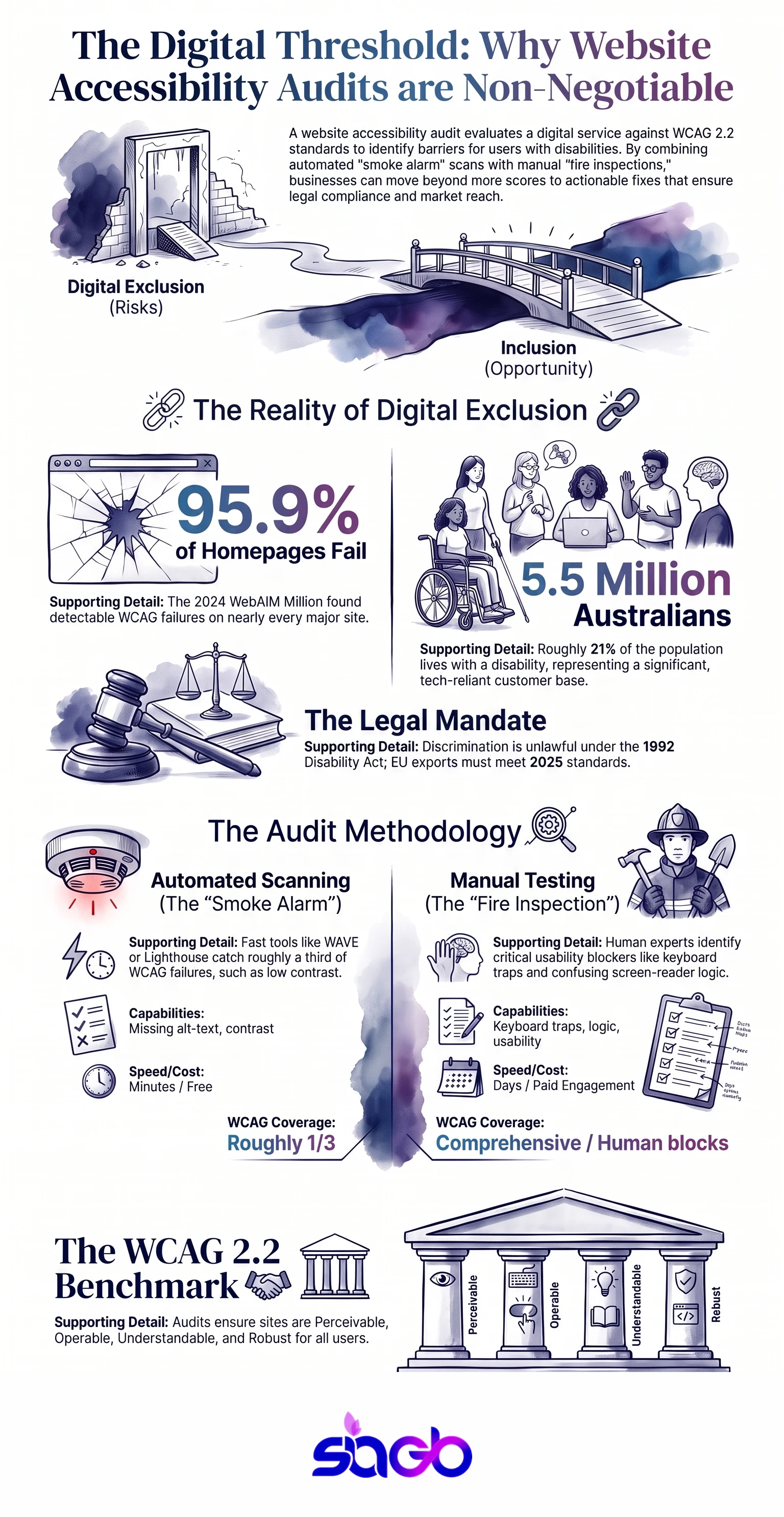Infographic showing the website accessibility audit process, automated versus manual testing, and the WCAG areas each covers.