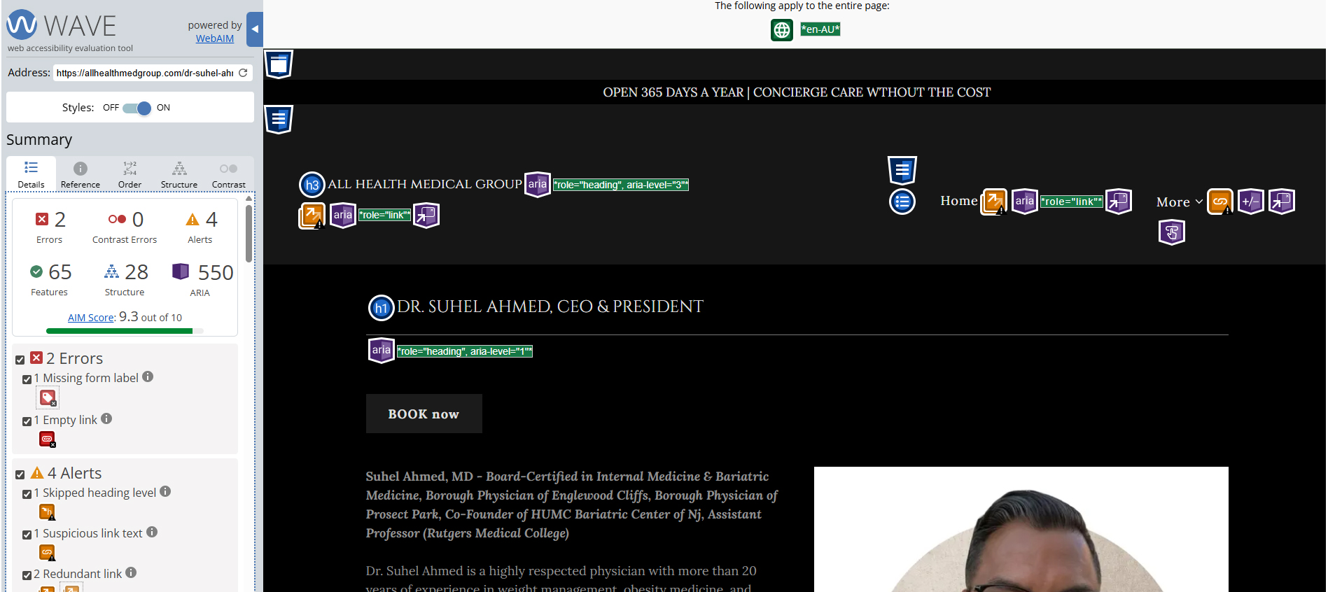 WAVE audit of Dr Suhel Ahmed page after remediation showing 2 errors and AIM score of 9.3