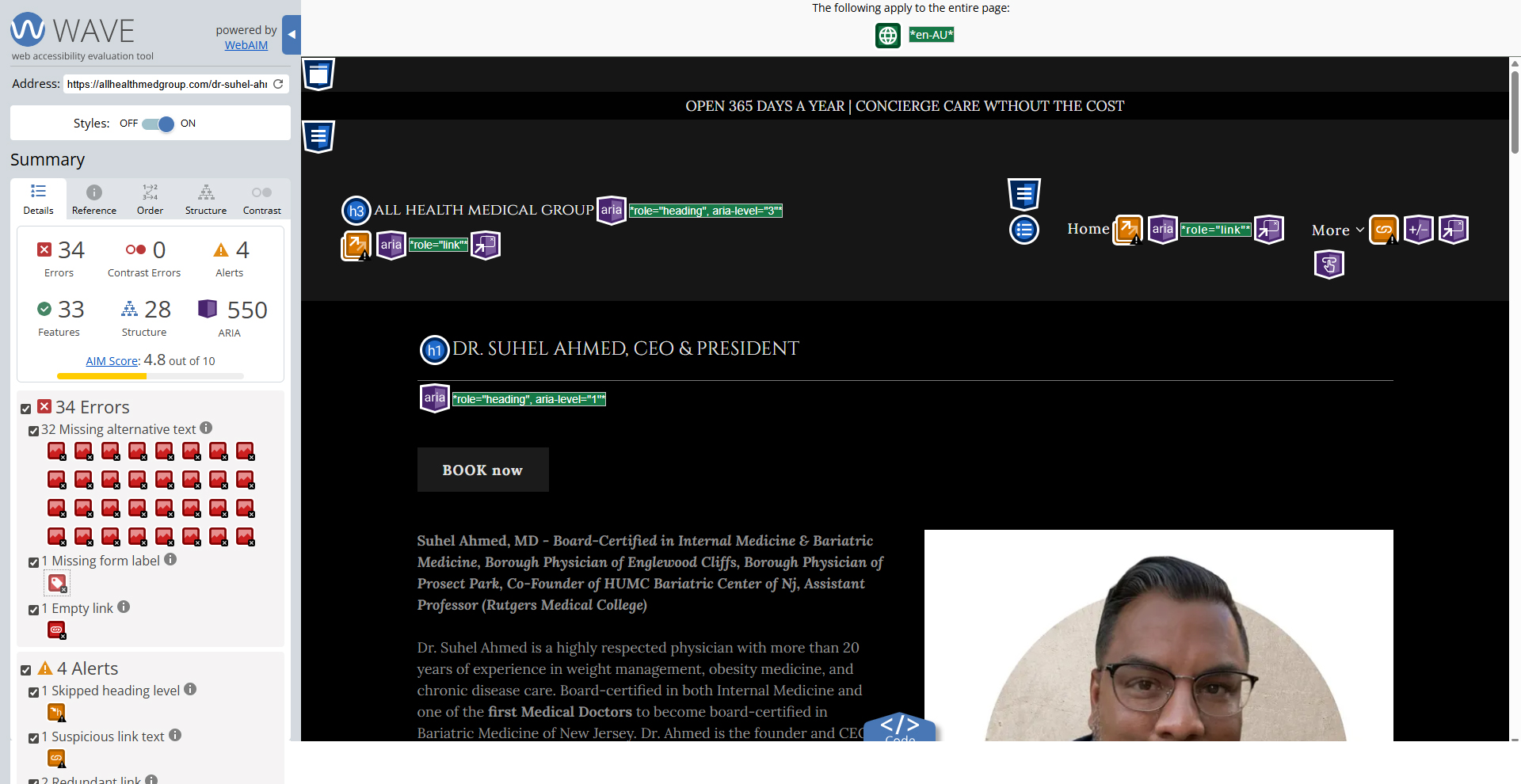 WAVE audit of Dr Suhel Ahmed page showing 34 errors and AIM score of 4.8