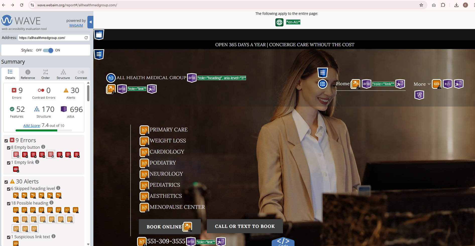 WAVE audit of All Health Medical homepage after remediation showing 9 errors and AIM score of 7.4