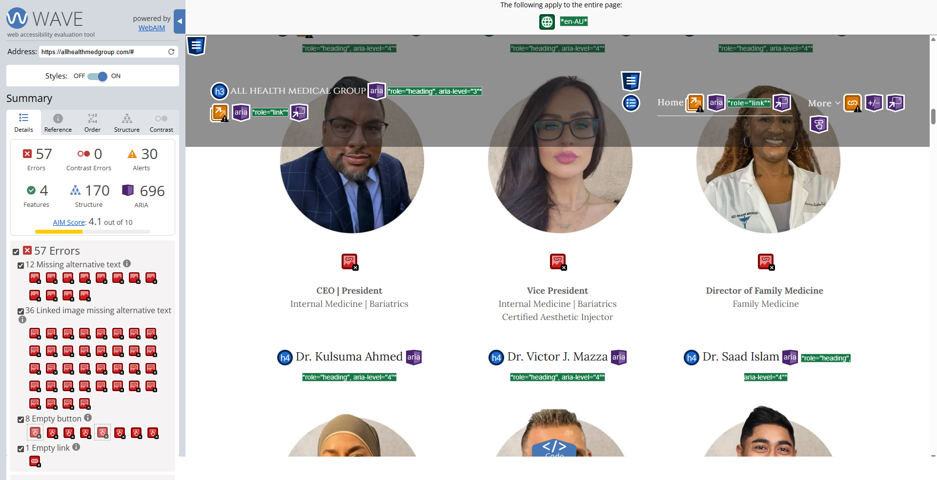 WAVE audit of All Health Medical homepage showing 57 errors and AIM score of 4.1