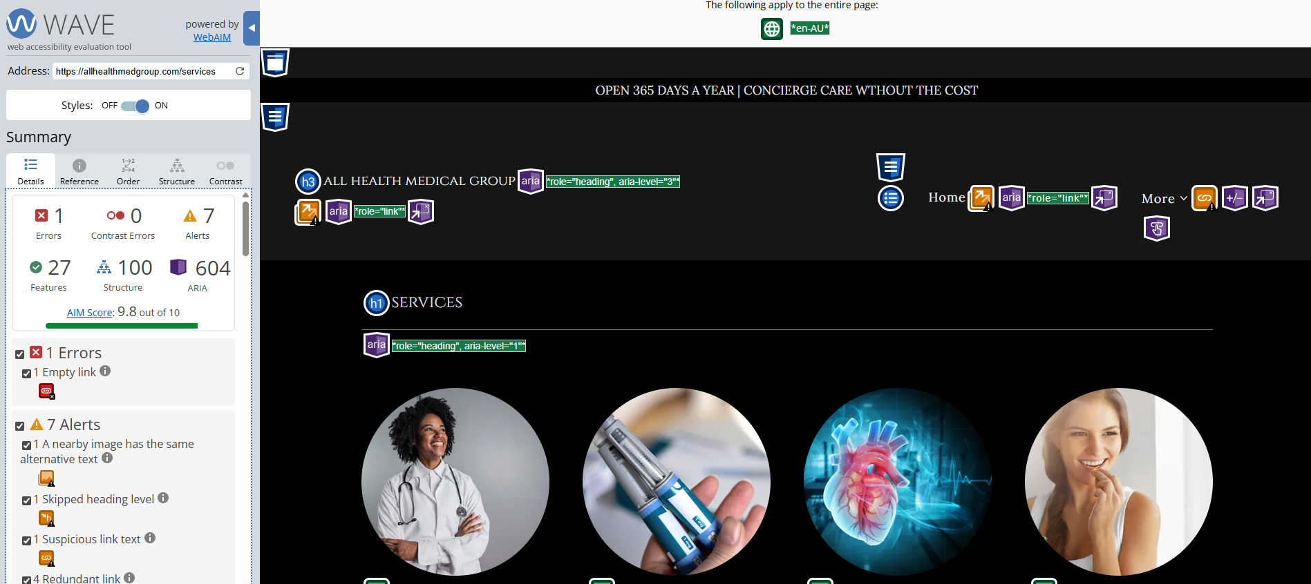 WAVE audit of services page after remediation showing 1 error and AIM score of 9.8