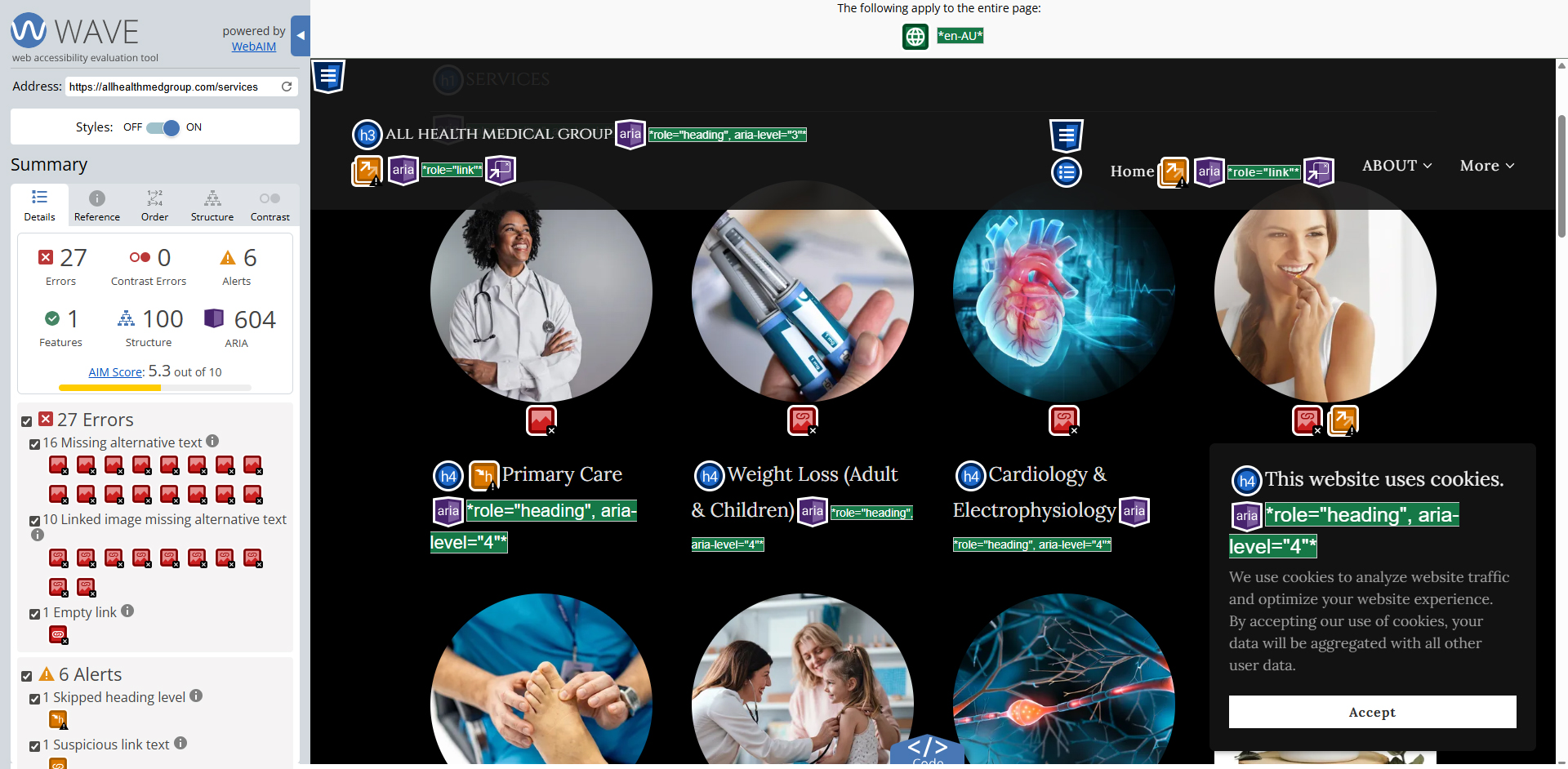 WAVE audit of services page showing 27 errors and AIM score of 5.3