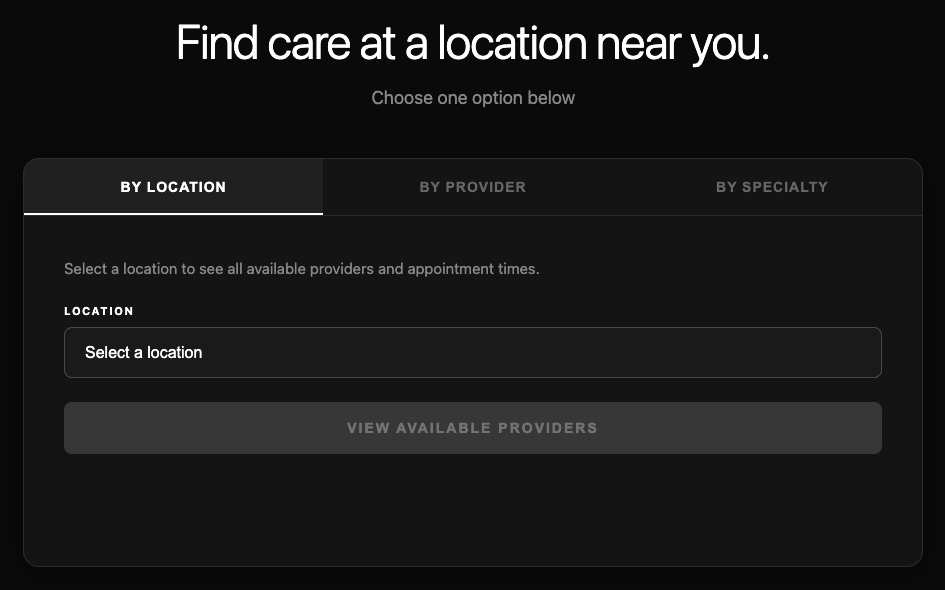 All Health Medical Group booking widget showing By Location tab with 7 New Jersey clinics listed in a dropdown: Hackensack, Hackensack 83 Summit Ave, Maywood, Englewood Cliffs, Paramus, Paterson, Rutherford