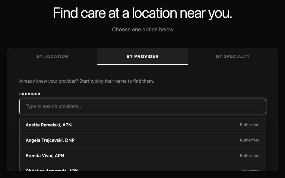 All Health Medical Group booking widget By Provider tab showing searchable typeahead dropdown open with 29 providers including Anetta Remelski APN, Angela Trajcevski DNP, Brenda Vivar APN, and others with their home clinic tags