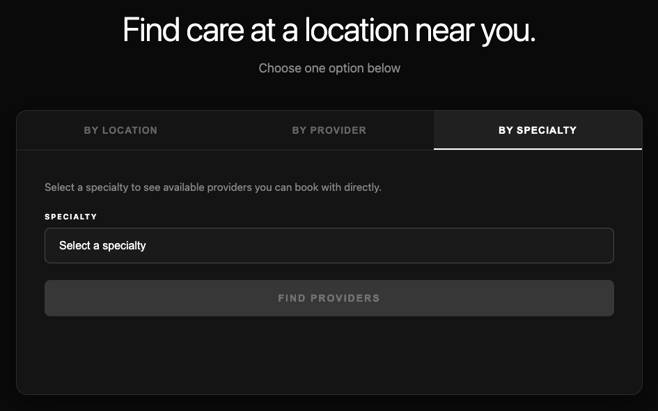 All Health Medical Group booking widget By Specialty tab showing 9 specialty options in a dropdown: Primary Care, Weight Loss, Menopause Center, Neurology, Cardiology, Podiatry, POTS Center, Pediatrics, Telehealth