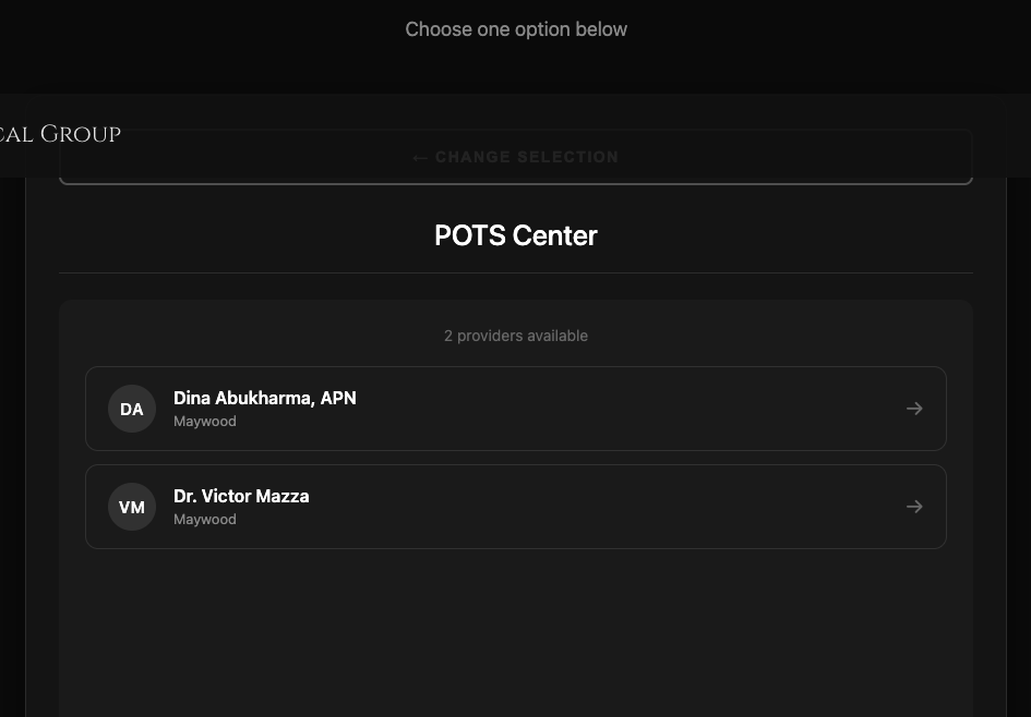 All Health Medical Group booking widget showing POTS Center specialty resolved to 2 matching providers: Dina Abukharma APN and Dr. Victor Mazza, both in Maywood