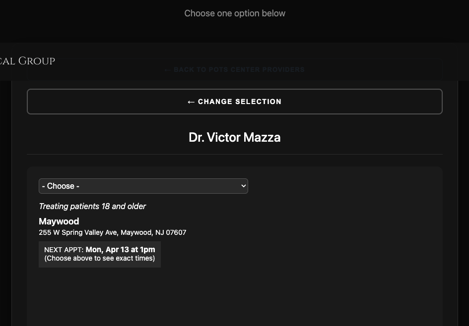 All Health Medical Group booking widget showing Dr. Victor Mazza's NextPatient booking view with dark theme applied, Choose a reason for visit dropdown listing cardiology visit types, location at 255 W Spring Valley Ave Maywood NJ, and next available appointment slot