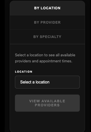 All Health Medical Group booking widget on mobile showing 3 tabs stacked vertically: By Location (active), By Provider, By Specialty