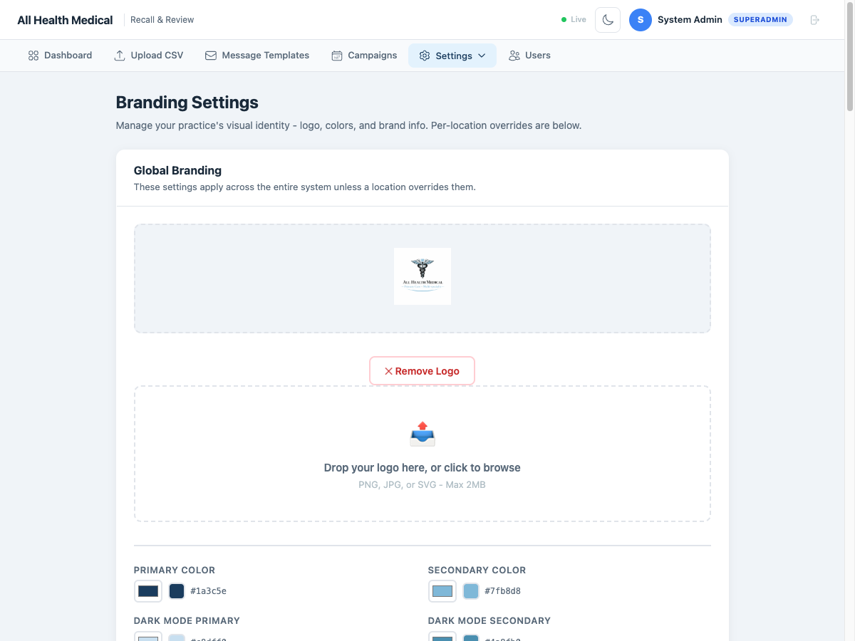 AllHealth Medical branding settings showing global branding with logo upload, primary and secondary color pickers, dark mode colors, and per-location override options for each clinic