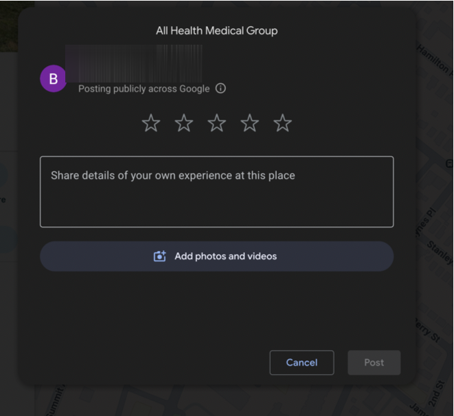 Google Reviews page for All Health Medical Group showing star rating selector, text area for sharing experience, and option to add photos and videos