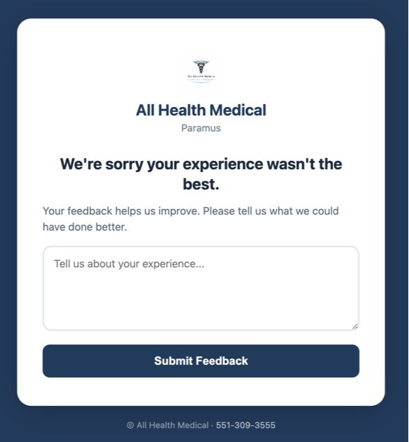AllHealth Medical private feedback form showing 'We are sorry your experience was not the best' heading with text area for patient to describe their experience and Submit Feedback button