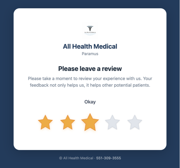 AllHealth Medical review page showing 3 out of 5 stars selected with Okay label, triggering the private feedback flow instead of Google redirect