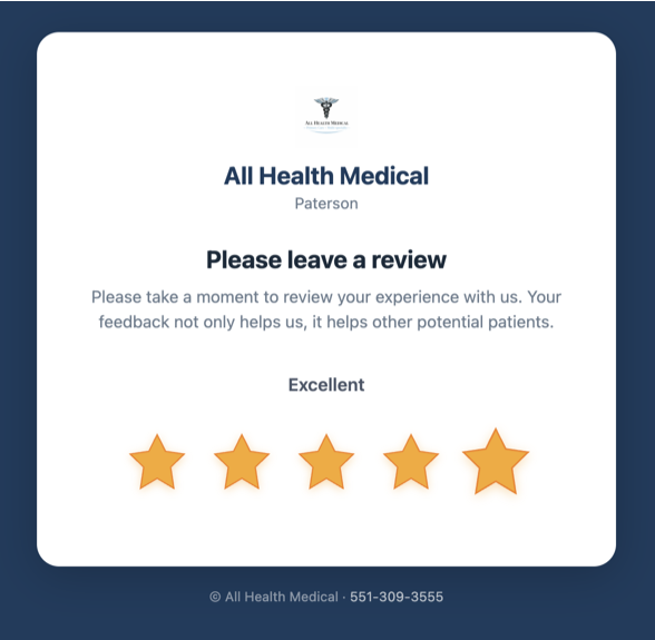 AllHealth Medical review page showing 5 out of 5 stars selected with Excellent label on branded Paterson location page