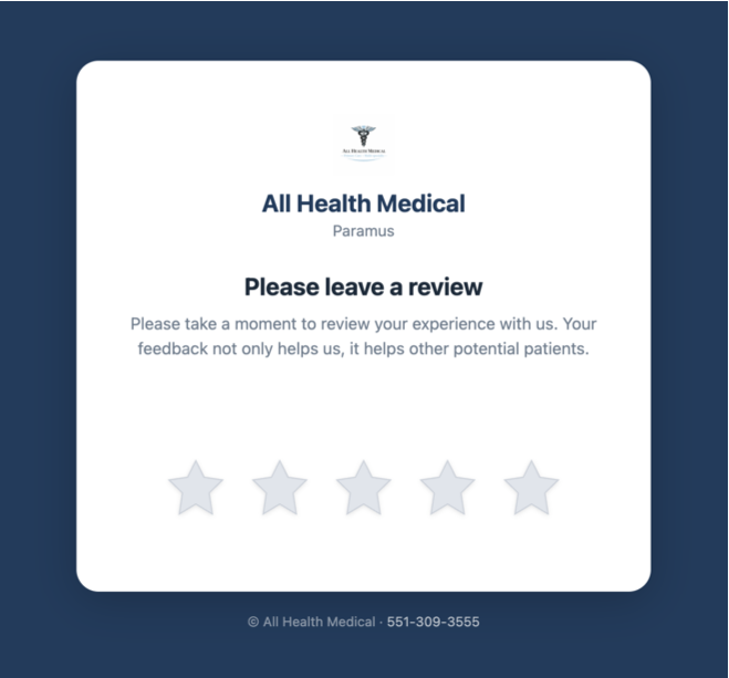 AllHealth Medical branded review rating page showing practice logo, Paramus location, Please leave a review heading with 5 interactive star rating buttons