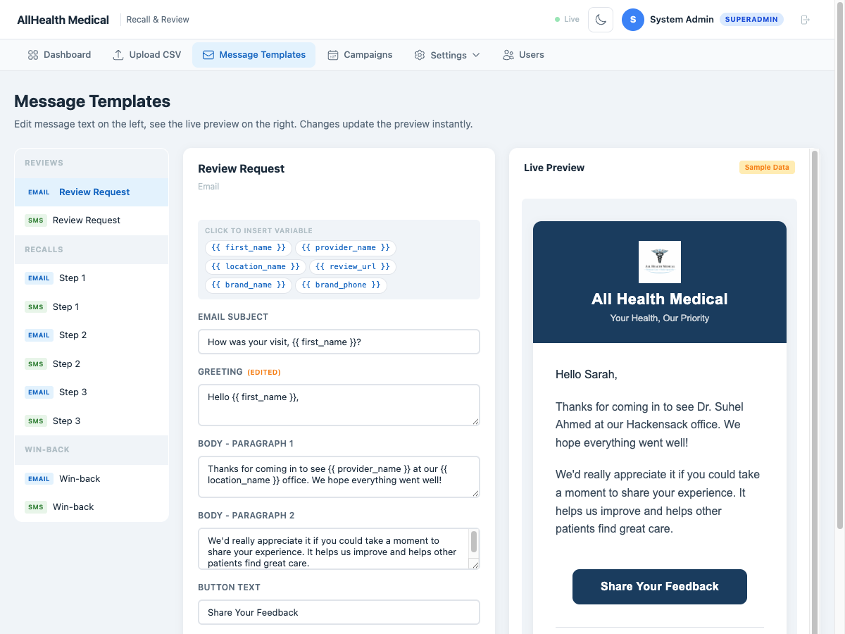 AllHealth Medical message template editor showing review request email template with variable insertion chips, editable subject line, greeting, body paragraphs, button text, and live branded email preview on the right