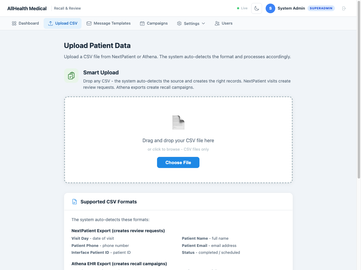 AllHealth Medical smart upload page with drag-and-drop CSV upload area, supported format documentation for NextPatient and Athena EHR exports, and how-it-works workflow explanation